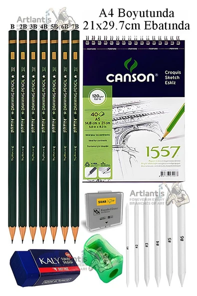 Canson A4 Eskiz Defteri 1557 40 Yaprak Fatih Dereceli Kalem Sketch Karakalem 6 lı Gölgelendirme Hamur Silgi Kalemtraş ürün görseli 1