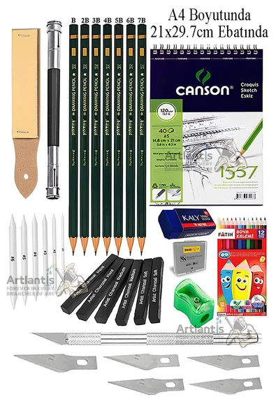 Canson A4 Eskiz Defteri 1557 Fatih Dereceli Kalem Uzatma Füzen Kretuar 12 Renk Kuru Boya Sketch Karakalem 6 lı Gölgelen ürün görseli 1