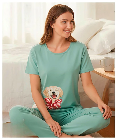 Mihra Kadın Milan Bisiklet Yaka Kısa Kol Likralı Pijama Takımı 50125Y - 1 Adet  L Yeşil ürün görseli 1