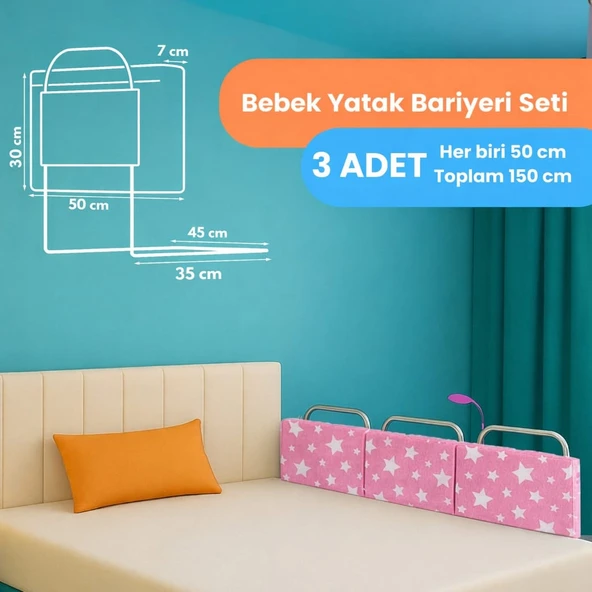 MİRALAY Yeni Nesil Yatak Bariyeri 50 x 30 cm Pembe Yıldız ( 3 Adet) ürün görseli 1