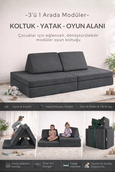 YATELLA 4 Parça Katlanabilir Çocuk Koltuğu | Yatak & Minder – Çok Amaçlı Modüler Tasarım - ANTRASİT ürün görseli 1