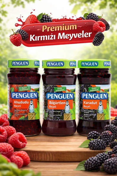 Penguen Kırmızı Meyveler Reçel Seti 380 gr x 3 Adet (Ahududu, Böğürtlen, Karadut) ürün görseli 1