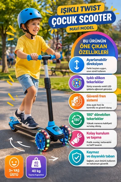 Mavi 3 Tekerlekli Işıklı Çocuk Scooter 3-7 Yaş Ayarlanabilir Direksiyon Kaymaz Taban ürün görseli 1