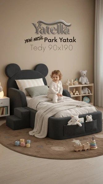 YATELLA Luxury Tedyy Baza ve Başlıklı Montessori Full Sünger Yatak Seti 90 x 190 Antrasit ürün görseli 1