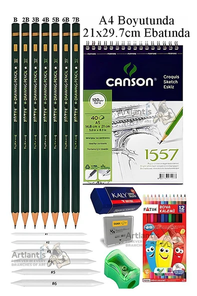 Canson A4 Eskiz Defteri 1557 40 Yaprak Fatih Dereceli Kalem 12 Renk Kuru Boya Sketch Karakalem 6 lı Gölgelendirme Hamur ürün görseli 1