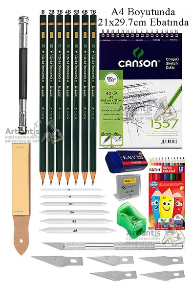 Canson A4 Eskiz Defteri 1557 40 Yaprak Fatih Dereceli Kalem Kretuar 12 Renk Kuru Boya Sketch Karakalem 6 lı Gölgelendir ürün görseli 1