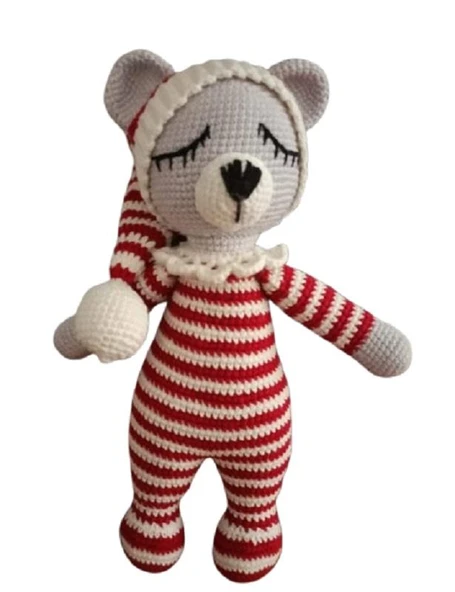 Kırmızı Pijamalı Uykucu Ayıcık Amigurumi Organik Oyuncak ürün görseli 1