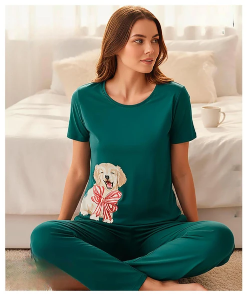 Mihra Kadın Milan Bisiklet Yaka Kısa Kol Likralı Pijama Takımı 50125P - 1 Adet  L Petrol ürün görseli 1