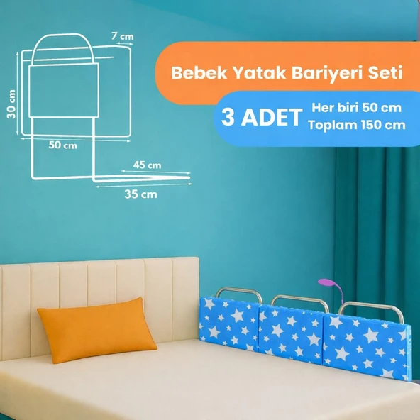 MİRALAY Yeni Nesil Yatak Bariyeri 50 x 30 cm Mavi Yıldız ( 3 Adet) ürün görseli 1
