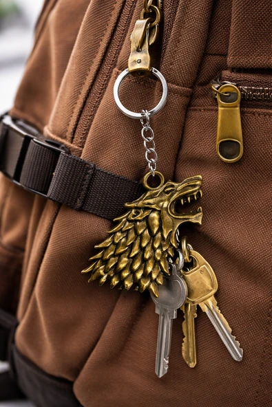 Antik Bronz Kurt Başı Figürlü Metal Anahtarlık Unisex Aksesuar ürün görseli 1