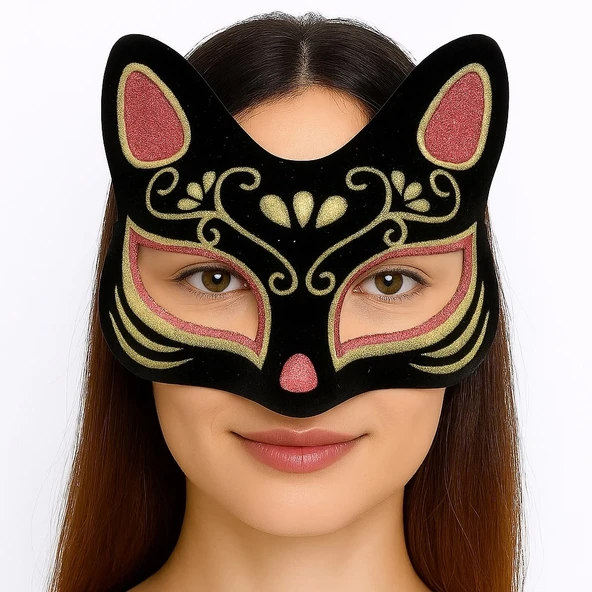 Siyah Renk Süet Kaplama Üzeri Kırmızı Sarı Simli Kedi Maskesi 17x14 cm ürün görseli 1
