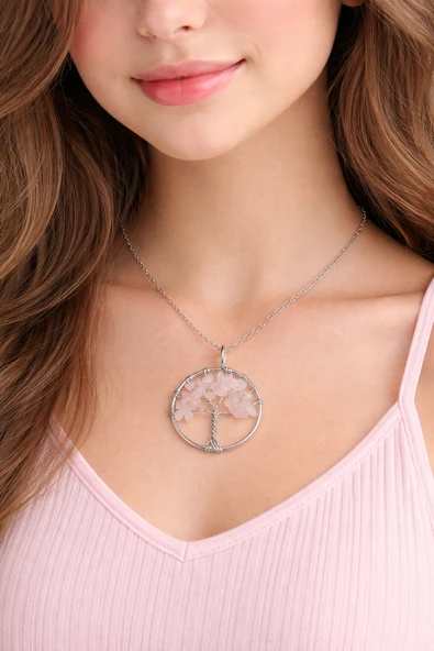 Pembe Doğal Taş Hayat Ağacı Kolye Gümüş Renk Zincir Unisex ürün görseli 1