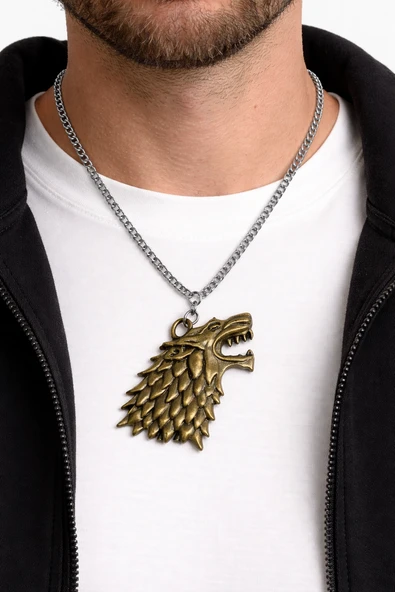 Altın Renk Kurt Başlı Metal Kolye Witcher Unisex Zincir Aksesuar ürün görseli 1