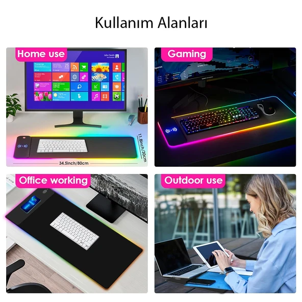 POWERMASTER PM-25115 XL RGB GAMİNG MOUSE PAD WIRELESS TELEFON ŞARJ DESTEKLİ 14 MODLU 300X800X4MM ürün görseli 1