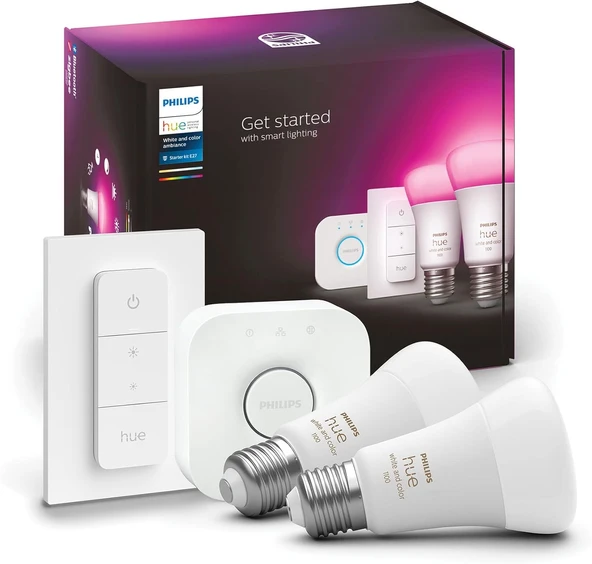 Philips Huewca 9-75W Renkli Akıllı Başlangıç Seti 2'Li Kumandalı E27 Bluetooth Özellikli ürün görseli 1