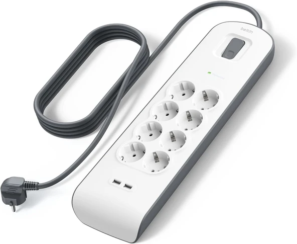 Belkin Bsv804Vf2M Akım Korumalı Uzatma Priz,8 Çıkışlı Priz,2,4A Çıkışlı Iki (2) Adet Usb Bağlantı No ürün görseli 1