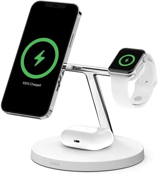 Belkin Boostcharge Pro 3'Ü 1 Arada Qi2'Li Kablosuz Şarj Cihazışarj Standı - Beyaz ürün görseli 1