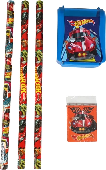 Hot Wheels 2024 Yeni Sezon Lisanslı Hot Wheels 3 Adet Kurşun Kalem,Kalemtraş Ve Silgi Seti ürün görseli 1
