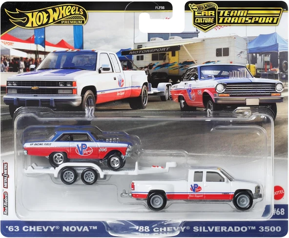 Hot Wheels Car Culture Team Transport 63 Chevy Nova & 88 Chevy Silverado 3500 Diecast Car Hrv42 ürün görseli 1