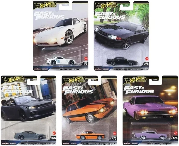 Hot Wheels Premium Fast & Furious 5’Li Diecast Araba Seti – Rx-7, Skyline Gt-R, Charger, Giulia, Imp ürün görseli 1
