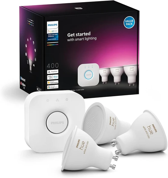 Philips Huewca 4.2W Gu10 Renkli Spot Akıllı Ampul 3'Lü Başlangıç Seti ürün görseli 1