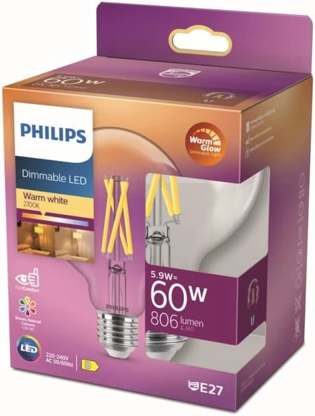 Philips Led Classic 60W G93 E27 Kısılabilir Filament Glob Wgd90 ürün görseli 1