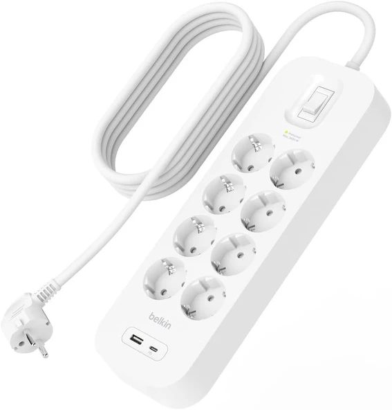 Belkin 8'Li Çoklu Priz, Yüksek Gerilim Korumalı, Duvara Montaj, 8 Priz, 2 M Güç Kablosu, Yeşil Işıkl ürün görseli 1