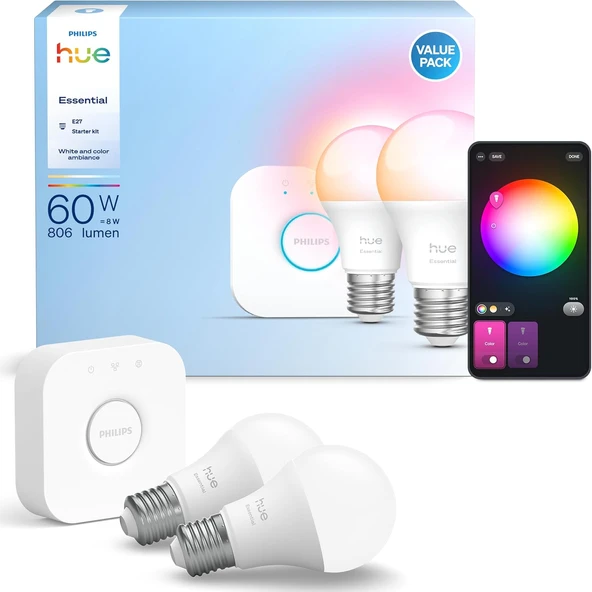 Philips Hue Essential 2'Li E27 Ampul Başlangıç Seti 806 Lumen - Resim 2