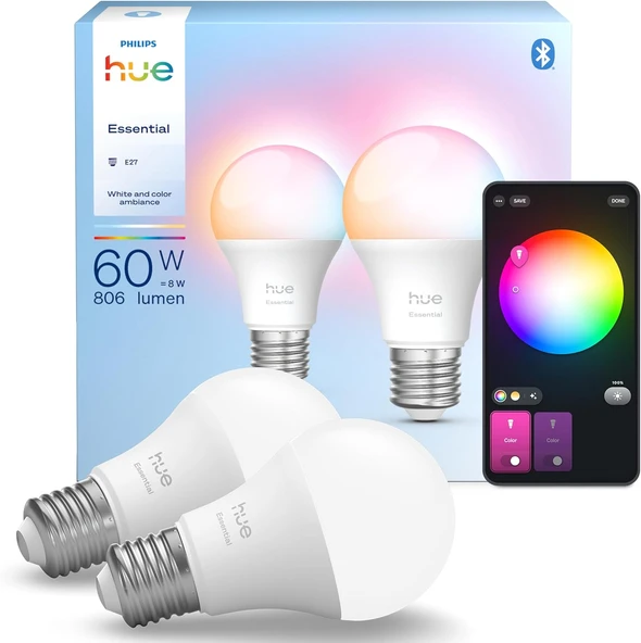Philips Hue Essential 8W E27 806 Lumen Renkli Akıllı Ampul A60 (2'Li Ekopaket) ürün görseli 1
