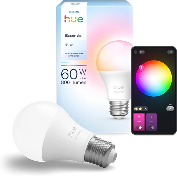 Philips Hue Essential 8W E27 806 Lumen Renkli Akıllı Ampul A60 ürün görseli 1