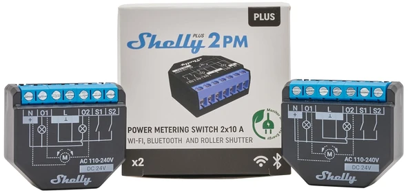 Shelly Plus 2Pm, Wi-Fi Ve Bluetooth 2 Kanallı Akıllı Röle Şalteri, Güç Ölçümü, Ev Otomasyonu, Panjur ürün görseli 1