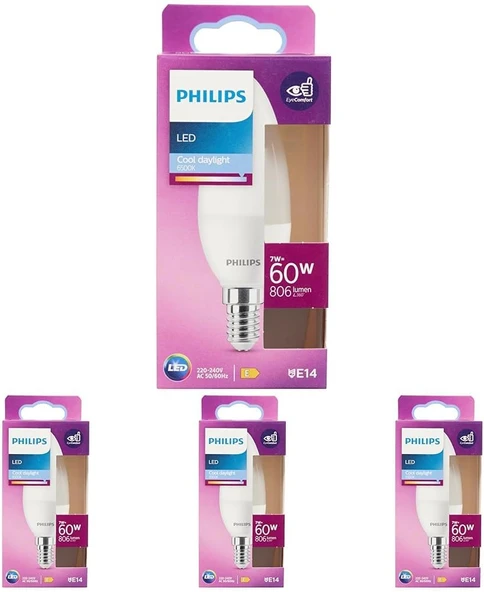 Philips Led 60W B38 E14 Mum Tipi Beyaz Işık Dim Edilmez Ampul 4Lü Paket ürün görseli 1