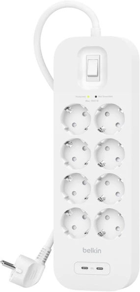 Belkin 8'Li Çoklu Priz, Yüksek Gerilim Korumalı, Duvara Montaj, 8 Priz, 2 M Güç Kablosu, Yeşil Işıkl ürün görseli 1