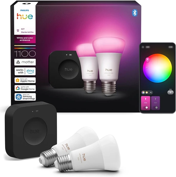 Philips Huewca 9W E27 Renkli Akıllı Ampul 2'Li Pro Başlangıç Seti (Bridge Pro V3 Dahildir) ürün görseli 1