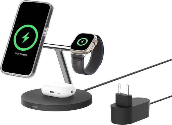 Belkin Boostcharge 3'Ü 1 Arada Qi2 Şarj Cihazı, Magsafe Uyumlu Kablosuz Şarj Istasyonu, Apple Iphone ürün görseli 1
