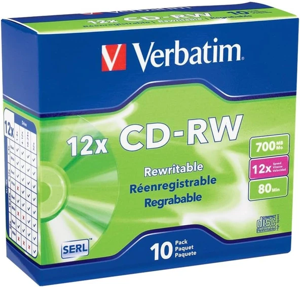 Verbatim Cd-Rw 700Mb 4X-12X Yeniden Yazılabilir Boş Medya - İnce Mücevher Kılıflarında 10 Disk, Gümü ürün görseli 1
