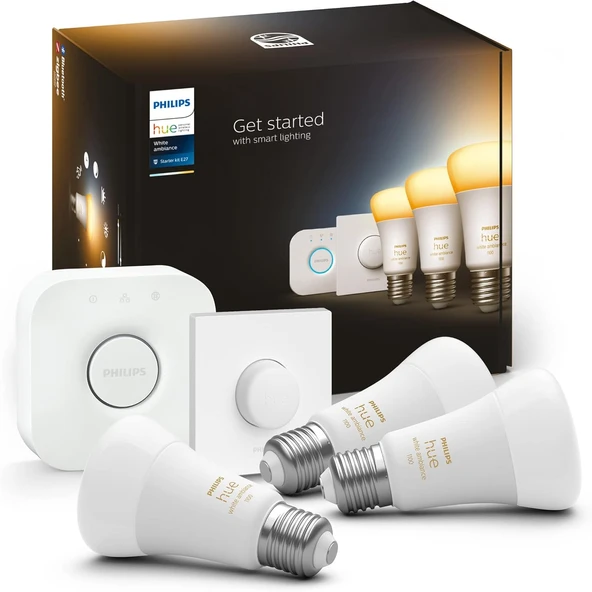 Philips Huewa 8-75W Beyaz Ambiyans Akıllı Led Ampul Başlangıç Seti 3'Lü, Akıllı Butonlu, E27, Blueto ürün görseli 1