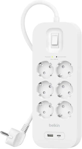 Belkin 6'Lı Çoklu Priz, Yüksek Gerilim Korumalı, Duvara Montaj, 6 Priz, 2 M Güç Kablosu, Yeşil Işıkl ürün görseli 1