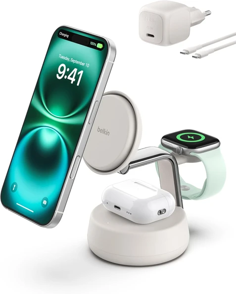 Belkin Ultracharge Pro Magsafe Uyumlu 3’Ü 1 Arada Qi2 25W Kablosuz Şarj Cihazı, Iphone 17, Apple Wat ürün görseli 1