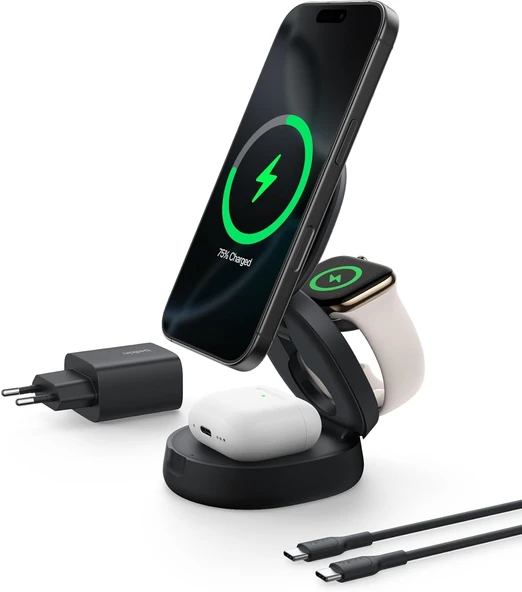 Belkin Magsafe Uyumlu Şarj Cihazı, 3'Ü 1 Arada Dönüştürülebilir Kablosuz Şarj İstasyonu, Iphone 17, ürün görseli 1
