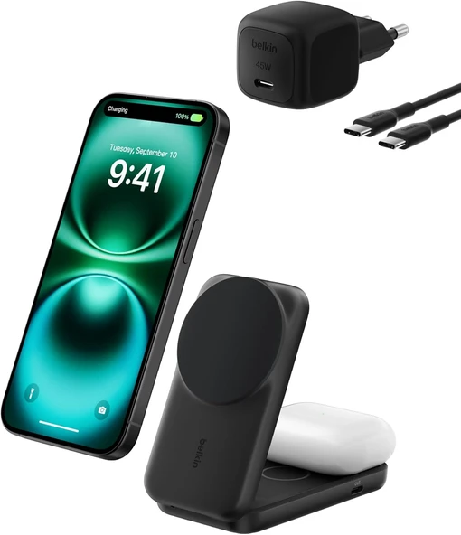 Belkin Ultracharge Magsafe Uyumlu 2’Si 1 Arada Qi2 25W Kablosuz Şarj İstasyonu, Iphone 17, Airpods, ürün görseli 1