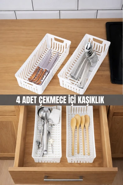 Metsar Home 4’lü Beyaz Mutfak Çekmece Düzenleyici – Kaşık Çatal Bıçak Organizatörü Plastik Saklama Kutusu ürün görseli 1