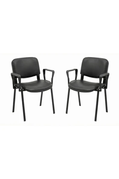 Ofisbazaar Form Siyah Deri Kolçaklı Misafir Sandalyesi 2'li Set | Metal Ayaklı Ergonomik Bekleme Sandalyesi Siyah ürün görseli 1