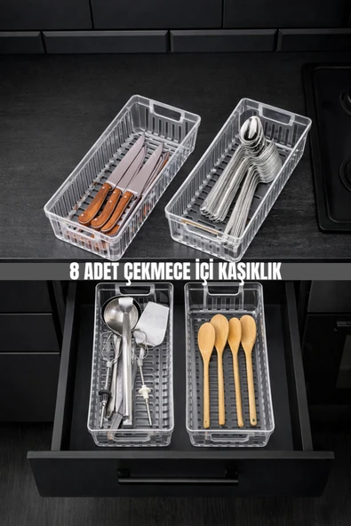 Metsar Home 8'Li Şeffaf Mutfak Çekmece Düzenleyici – Kaşık Çatal Bıçak Organizatörü Plastik Saklama Kutusu ürün görseli 1