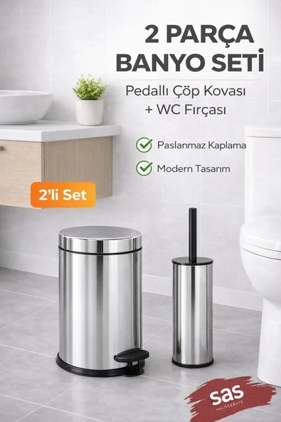 Pedallı 8 Lt Paslanmaz Metal Çöp Kovası ve Tuvalet Fırçası, 2’li Banyo ve WC Seti – Krom Titan 7108 ürün görseli 1