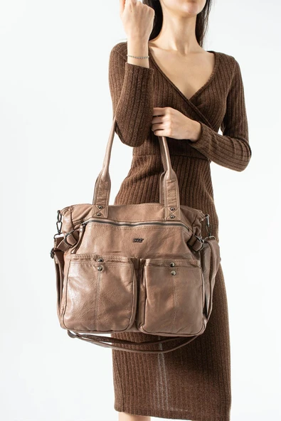 Yıkama Deri Çok Gözlü, Omuz Ve Kol Çantası Vizon Model:(571-14-12T) ürün görseli 1