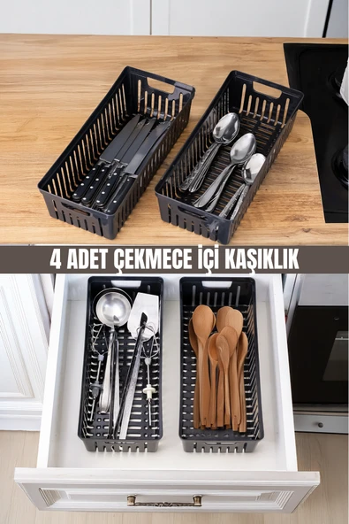 Metsar Home 4’Lü Siyah Mutfak Çekmece Düzenleyici – Kaşık Çatal Bıçak Organizeri, Plastik Saklama Kutusu ürün görseli 1