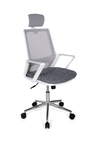Ofisbazaar Lizz Beyaz Fileli Yönetici Koltuğu | Ergonomik Başlıklı Ofis Koltuğu Gri ürün görseli 1