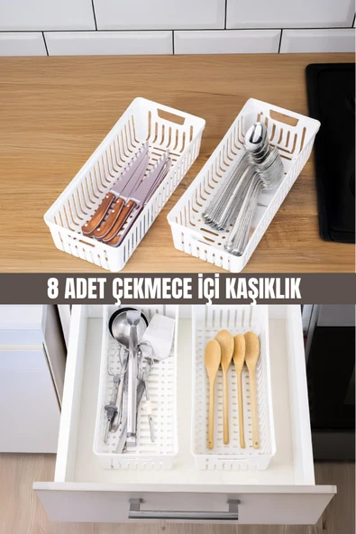 Metsar Home 8’Li Beyaz Mutfak Çekmece Düzenleyici – Kaşık Çatal Bıçak Organizatörü Plastik Saklama Kutusu ürün görseli 1