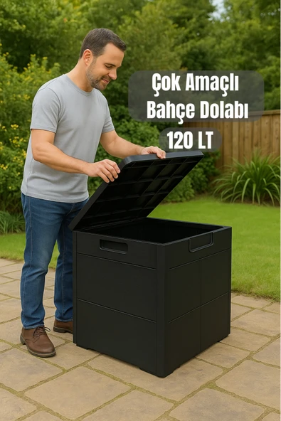 Metsar Home 120 Lt. Kapaklı Siyah Bahçe-Balkon Dolabı Bahçe Malzemeleri Düzenleyici Sandık Ahşap Görünümlü ürün görseli 1